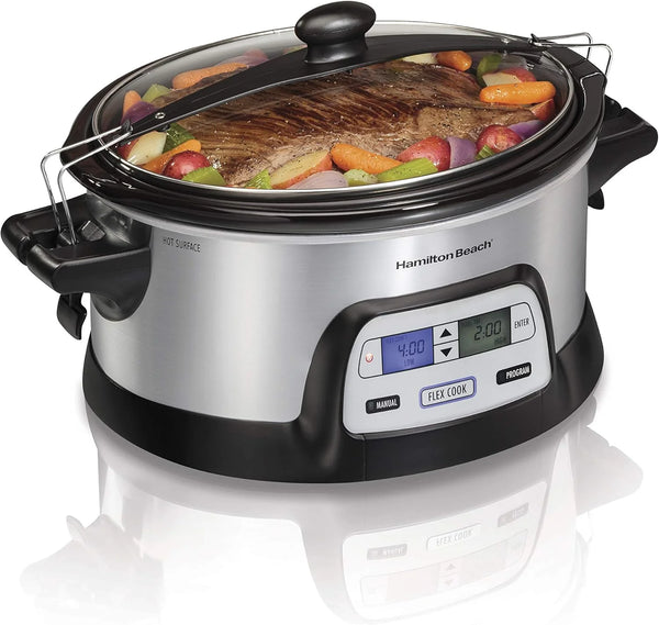 2025 Hamilton Beach 33861 Portable Programmable Slow Cooker, Dishwasher Safe Crock, 6 Qt, FlexCook Dual Digital Timer/2 Heat Settings, Lid Lock for Easy Travel, Silver