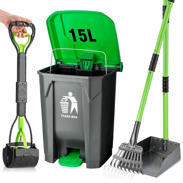 2025 Pooper Scooper Set - 28" Dog Pooper Scooper & Long Handle Stainless Metal Tray&Rake, 15 Litre Step Dog Poop Trash Can w/Removable Inner Bucket, 20 Waste Bags for Outdoors
