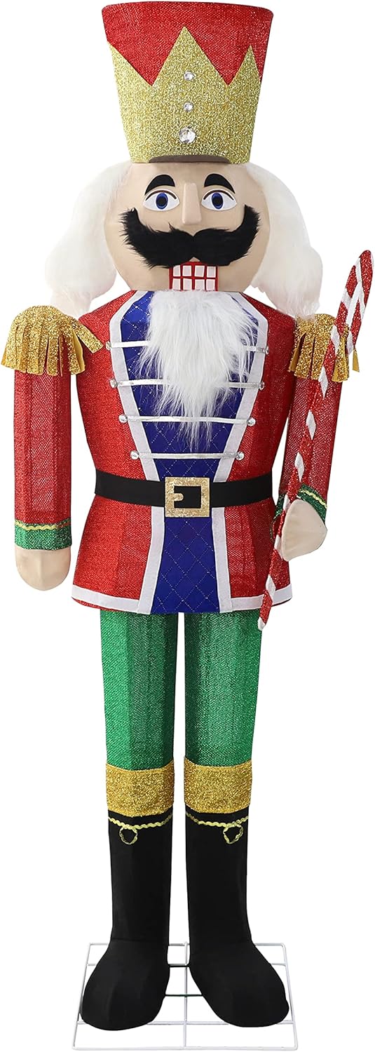 2025 5FT Lighted Nutcracker with Candy Cane for Christmas Decoration, 3D Pre-Lit Iridescent Soldier Xmas Decor with 100 Warm White Lights, Glittered Standing Holiday Display for Outdoor, Indoor