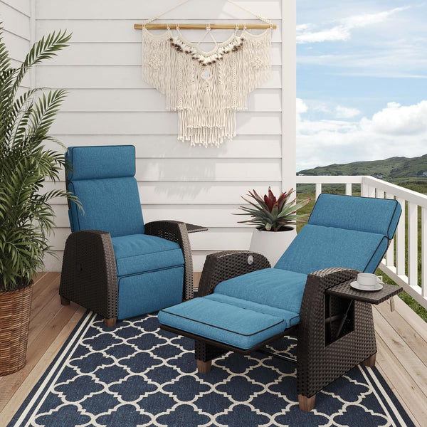 2025 Grand patio Outdoor Reclining Chairs with Extended Footrest 2-Piece Adjustable Patio Wicker Lounge Recliner up to 150¡ã with Flip Side Table Peacock Blue