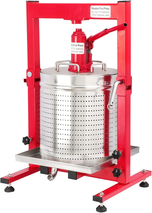 2025 7.93 Gallon / 30L Mosakar Hydraulic Fruit Press. 3 Ton Pressure. Parts contact with Juice are AISI 304 Stainless Steel. Home Use Grape Apple Wine Cider Juice Press