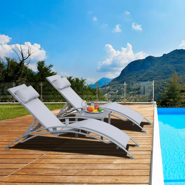 2025 Domi Pool Lounge Chairs Set of 2 with Side Table, Aluminum Adjustable Outdoor Chaise Lounge, All Weather Poolside Chairs for Deck Lawn Poolside, Textilene (Grey)
