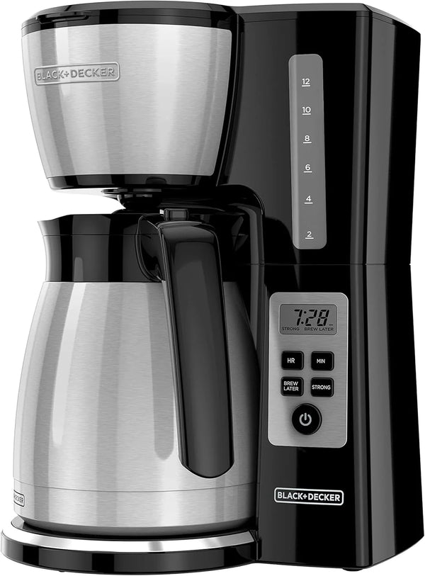 2025 BLACK+DECKER 12 Cup Thermal Programmable Coffee Maker with Brew Strength and VORTEX Technology, Black/Steel