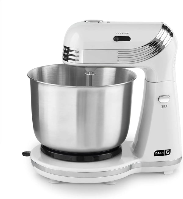2025 Dash Stand Mixer (Electric Mixer for Everyday Use): 6 Speed Stand Mixer with 3 qt Stainless Steel Mixing Bowl, Dough Hooks & Mixer Beaters for Frosting, Meringues & More - White