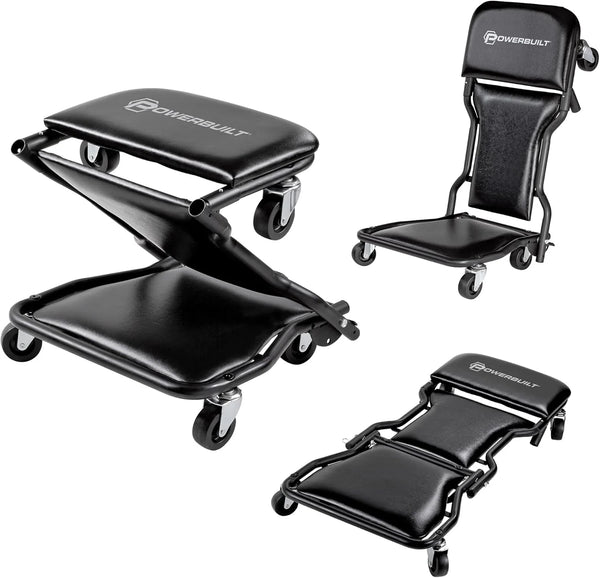 2025 Powerbuilt 42-Inch Triplex Folding Creeper, Rolling Seat, and Brake Stool, All-in-One Adjustable Roller Garage Chair, Lay Down or Sit, Black 620469