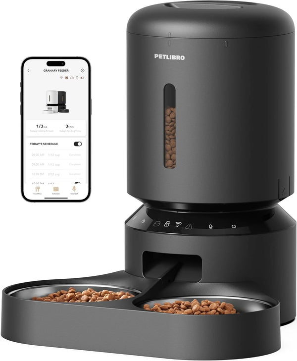 2025 Automatic Cat Feeder for 2 Cats, 5G&2.4G WiFi Pet Feeders, 5L Programmable Cat Food Dispenser with Airtight Lock-Fresh Technology, Dual Stainless Steel Bowls, Low Food Sensor