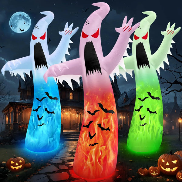 2025 12FT Giant Halloween Inflatables Decoration Ghost with 3-Colored Flame Rotation LED Light Spooky Halloween Decorations Outdoor Blow Up Yard Decorations for Home Lawn Holiday Partyï¼?PCS