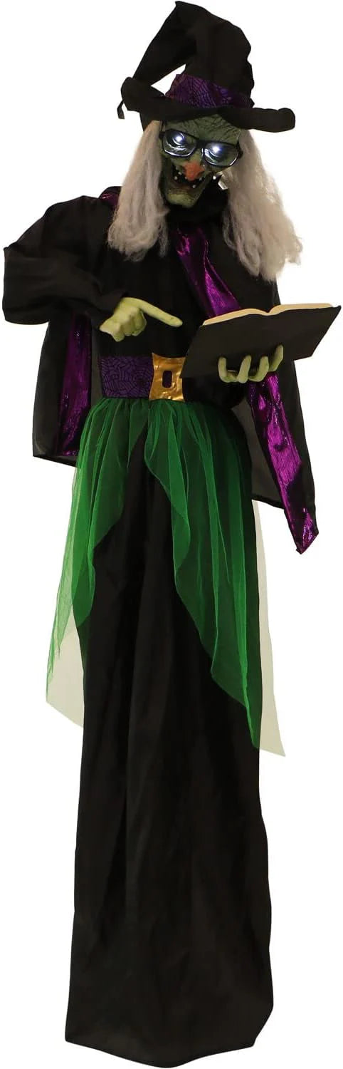 2025 Haunted Hill Farm Life-Size Scary Talking Witch Holding Spell Book, Halloween Animatronic with Touch Activated Lights and Sound, Battery Operated Indoor or Covered Outdoor Halloween Decorations