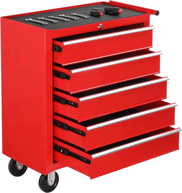 2025 TUFFIOM 5-Drawer Rolling Tool Chest w/Drawers & Lock, Tool Storage Cabinet with Lockable Wheels, Top Cushion & Drawer Liners, Tool Organizer Box for Garage, Warehouse & Repair Sho
