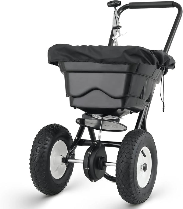 2025 MoNiBloom 125 lb Walk-Behind Broadcast Spreader for Fertilizer, Grass Seed, Salt & Ice Melt, Heavy Duty Lawn, Garden & Farm Seeder with Rain Cover, Durable Design for Yards, Fields & Uneven Terrain