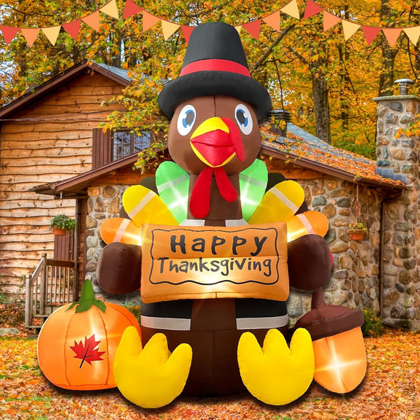 2025 6FT Thanksgiving Inflatables Turkey Blow Up with Built-in Led Lights for Outdoor Holiday Yard Lawn Air-Blown Decorations