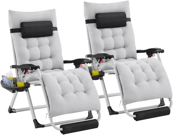 2025 29in Zero Gravity Chair Set of 2 Reclining Outdoor Sun Lounge Chairs w/Removable Cushion, Cupholder, Headrest and Footrest for Indoor and Outdoor - Gray