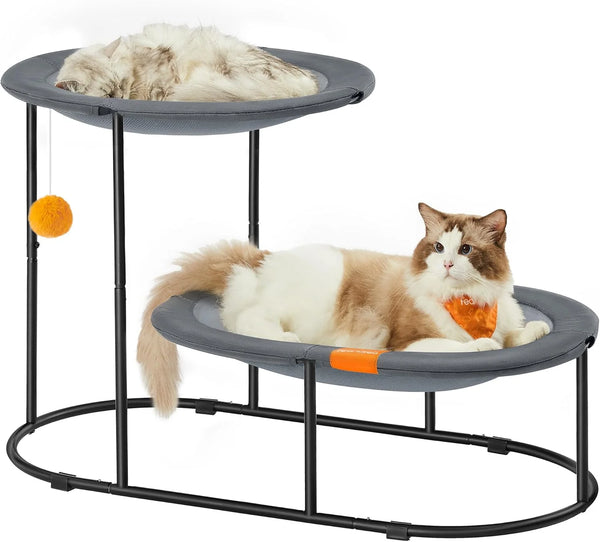 2025 Feandrea 2-Tier Elevated Cat Hammock Bed, Breathable Furniture for Multi-Cat Households Indoor and Outdoor, with Removable Washable Mesh, Steel Frame, for Summer, Dove Gray UPCB012G01