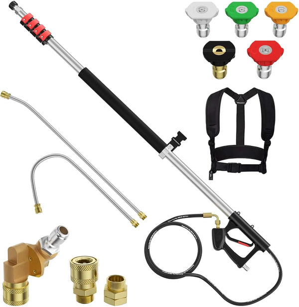 2025 24 FT Pressure Washer Telescoping Wand, Pressure Washer Extension Wands, Professi Power Washer Gutter Cleaner with 5 Spray Nozzle Tips, 2 Hose Adapters and Support Belt (Silver, 24FT)