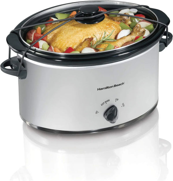 2025 Hamilton Beach 7-Quart Portable Slow Cooker Serves 8+, Dishwasher Safe Crock, Lid Latch Strap for Travel, Brushed Silver