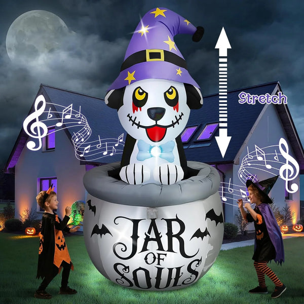 2025 Kalolary 7FT Halloween Inflatables Animated Puppy Dog with Music, Witch Cauldron Halloween Blow Up Yard Decoration with Built-in LEDs for Indoor Outdoor Holiday Party Garden Lawn Decor