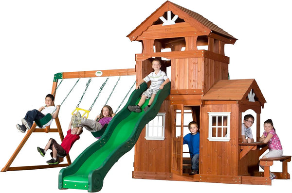 2025 Backyard Discovery Shenandoah Cedar Wood Swing Set with Wave Slide, Raised Clubhouse, Playhouse, Play Kitchen, Belt Swings, Trapeze, Rock Wall, Ladder, Picnic Table, Full Door, Outdoor Playset