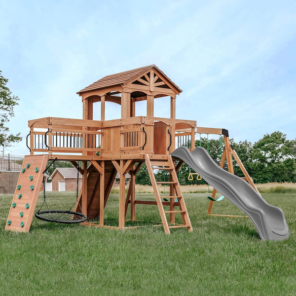2025 Backyard Discovery Sterling Point Cedar Wood Swing Set with Wave Slide, Raised Clubhouse, Wooden Bridge, Rock Wall, Belt Swings, Web Swing, Trapeze, Balcony, Climbing Wall, Ladder, Outdoor Playset
