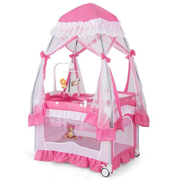 2025 Costway Baby Playard Crib Bed 4 in 1 Portable with Changing Table Canopy Music Box Pink