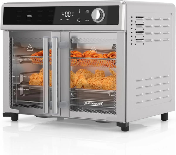 2025 BLACK+DECKER Crisp 'N Bake Air Fryer Toaster Oven Combo, 12 in 1 Countertop Convection Oven Cooks Food Fast, Fits a Whole Pizza or 6 Toast Slices, French Doors with Stainless Steel Finish