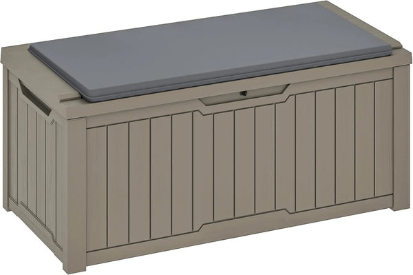 2025 120 Gallon Outdoor Storage Deck Box with Cushion, Large Resin Patio Storage for Outdoor Pillows, Garden Tools and Pool-Supplies, Waterproof, Lockable (Taupe)
