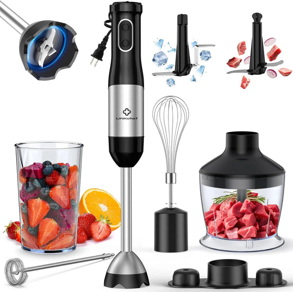 2025 LINKChef 7 in 1 Immersion Blender Handheld, 800W Hand Blender Set, Scratch Resistant with 2 Titanium Steel Blades, 20 Speed and Turbo Mode, Includes Whisk, Milk Frother, Food Processor & Beaker