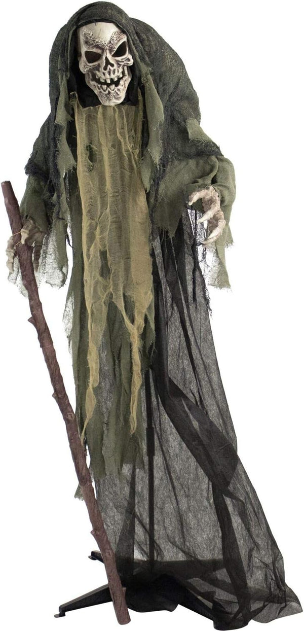 2025 Haunted Hill Farm Life-Size Scary Skeleton Reaper Holding Staff, Halloween Animatronic with Touch Activated Lights and Sound, Battery Operated Indoor or Covered Outdoor Halloween Decorations for Home