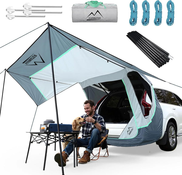 2025 SUV Tailgate Tent with Poles &Three Sides Awning Shade & Transmittance Mosquito Net, Hatchback Camping Sunproof Car Tenting, Universal SUV Windproof Camping Gear Tent Outdoor Travel
