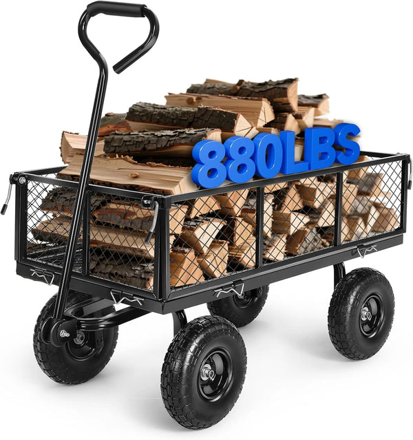 2025 Garden Cart, Heavy Duty 880Lbs Capacity Mesh Steel Garden Cart with Removable Sides to Convert into Flatbed, Utility Metal Wagon with 180¡ã Rotating Handle and 10 in Tires, Black