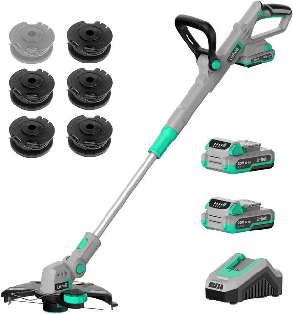 2025 Litheli 20V 12 Inch Cordless String Trimmer/Edger, 2 X 2.0Ah Battery Powered Weed Eater with Auto-Feed for Lawn Trimming/Edging, with 6 Pcs Grass Cutter Spool Line, Fast Charger Included