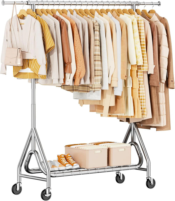 2025 Heavy Duty Clothing Rack, Metal Clothes Rack Load 450 LBS, Rolling Coat Racks for Hanging Clothes with Lockable Wheels, Wardrobe Closet Garment Racks for Bedroom, Silver