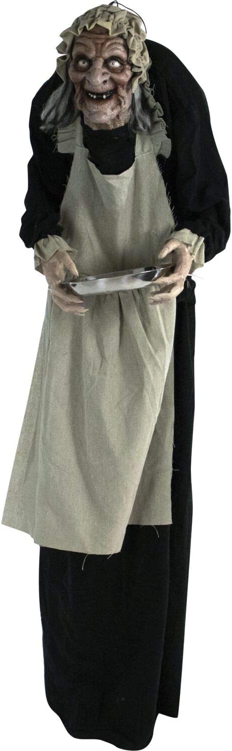 2025 Haunted Hill Farm Life-Size Halloween Animatronic, Scary Talking Zombie Maid with Touch Activated Lights and Sounds, Battery Operated Indoor or Covered Outdoor Halloween Decorations for Home