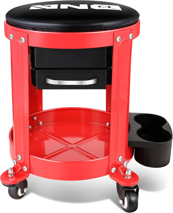 2025 Motoring TOOLS-00197 Round Mechanics Roller Seat Creeper Stool With Padded Cushion, Tool Storage Drawer & Tray, 300 Lbs Max Weight Capacity