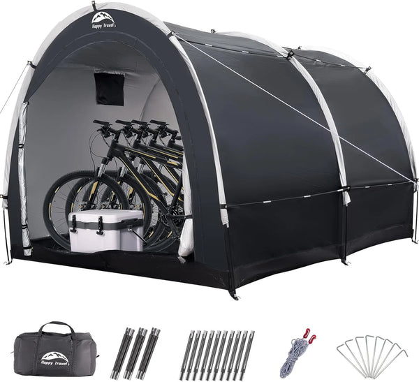 2025 Happy Travel Bike Storage Tent Shed, Outdoor Waterproof Bicycle Covers Shelter with Window for 2/3/4/6/8 Bikes,Oversized Outside Portable Sheds for Lawn Mower,Garden Tools