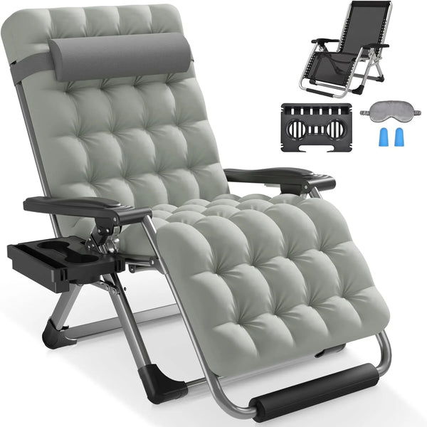 2025 Slendor Oversized Padded Zero Gravity Chair XXL, 33inch Zero Gravity Recliner, Folding Reclining Lounge Chair,Indoor Outdoor Patio Chairs with Pillow, Cushion, Footrest,Cup Tray, Support 500lbs, Grey