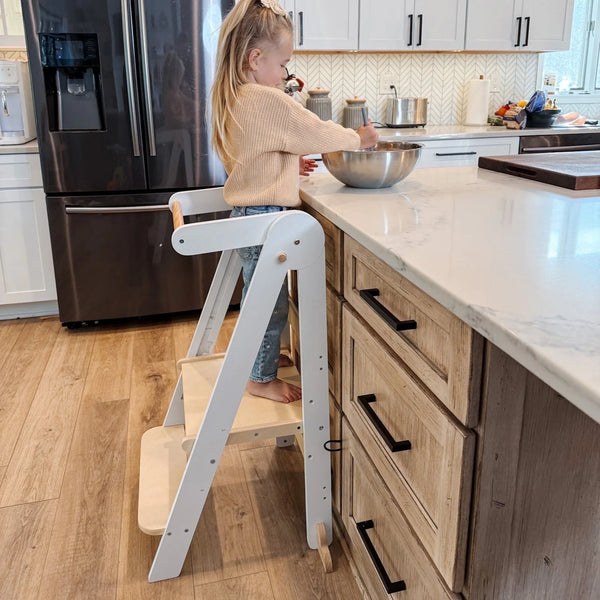 2025 Foldable Toddler Kitchen Tower, Standing Stools for Kids Age 1.5-6 Years, White