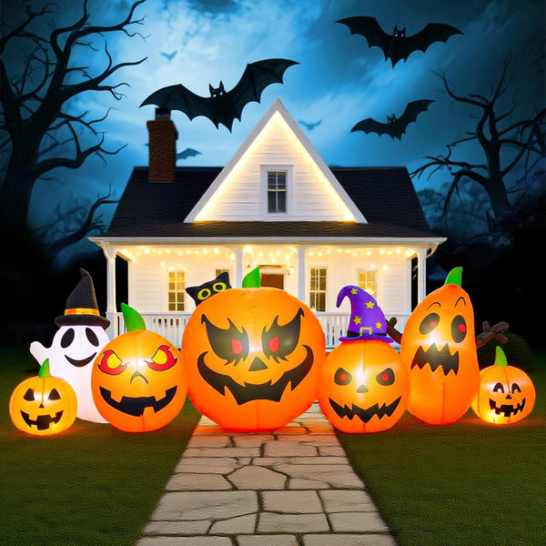 2025 9 FT Halloween Inflatables Pumpkin Outdoor Decorations with Cute Chost Cat and Witch Hat Built-in LEDs Blow Up Pumpkin for Party Yard Lawn Garden Outside Decor