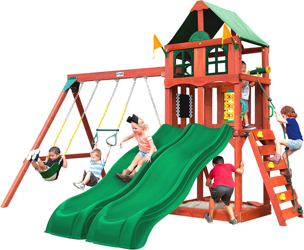 2025 Gorilla Playsets 01-1057 Playmaker Deluxe Wooden Swing Set with Vinyl Canopy Roof, Dual Wave Slides, and Rock Climbing Wall, Redwood Stained Cedar