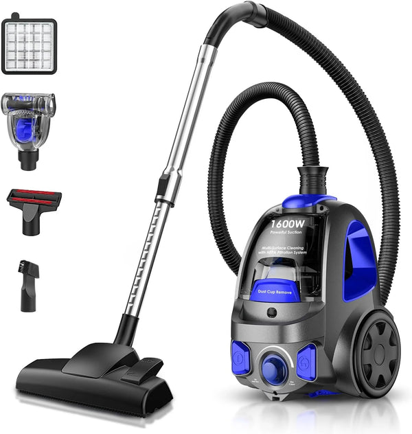 2025 Canister Vacuum Cleaner, 32Kpa 1600W Cyclon Power Bagless Canister Vacuum Cleaners for Home, 3.7QT Large Dust Cup, Lightweight Vac for Hard Floors, Carpets, Pet Hair, Blue