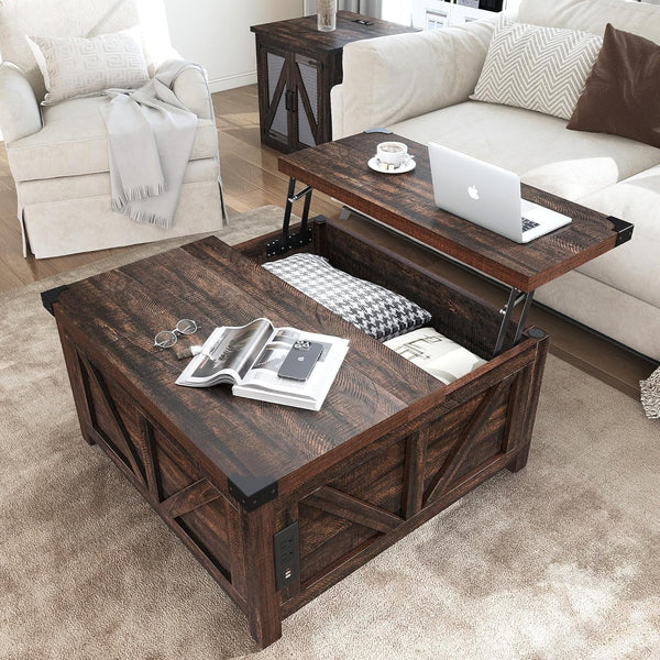 2025 35.6" Farmhouse Lift Top Coffee Table, Square Center Table with Charging Statio