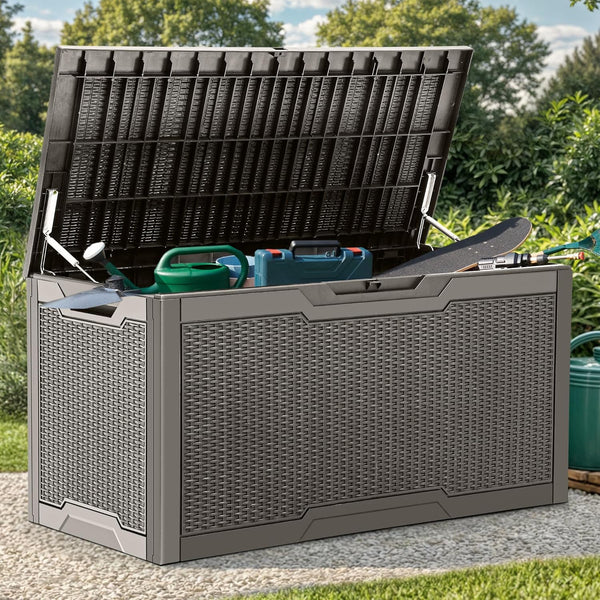 2025 100 Gallon Resin Deck Box, Weather Resistant Outdoor Storage Box, Lockable Indoor Outdoor Storage for Supplies and Essentials, Taupe