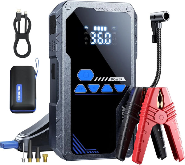 2025 8000A Jump Starter with Air Compressor (All Gas/12L Diesel), 150PSI Car Jumper Starter Portable, Jump Box Tire Inflator with LED Flashlight, LCD Display, Storage Case