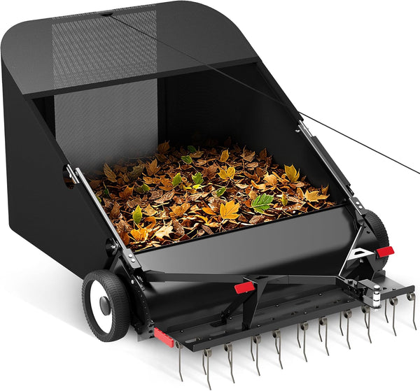 2025 Suchtale 42" Tow Behind Lawn Sweeper with Dethatcher ¨C 21 Cu. Ft. Leaf Collector with Adjustable Sweeping Height, Large Hamper Windscreen for Lawn, Yard, & Artificial Grass, Tractor/Mower Attachments