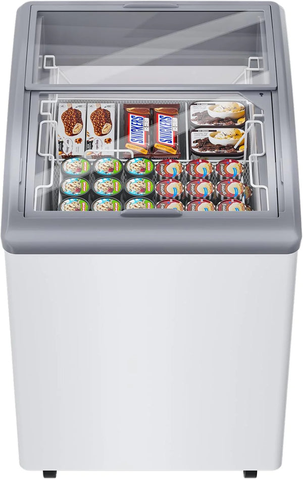 2025 Commercial Ice Cream Freezer 5.5 Cu.Ft Display Case Commercial Freezer with 2 Removable Wire Baskets and 2 Sliding Glass Door for Shop, White