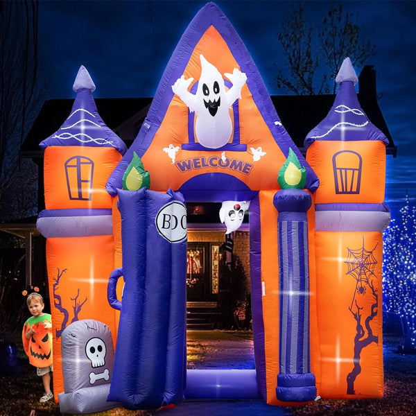2025 Halloween Inflatables10FT Castle Haunted House Arch Archway with Ghost Tombstone Removable Air Blower Bright LED Light - Cute Hoiday Outdoor Yard Lawn Garden Party Decorations