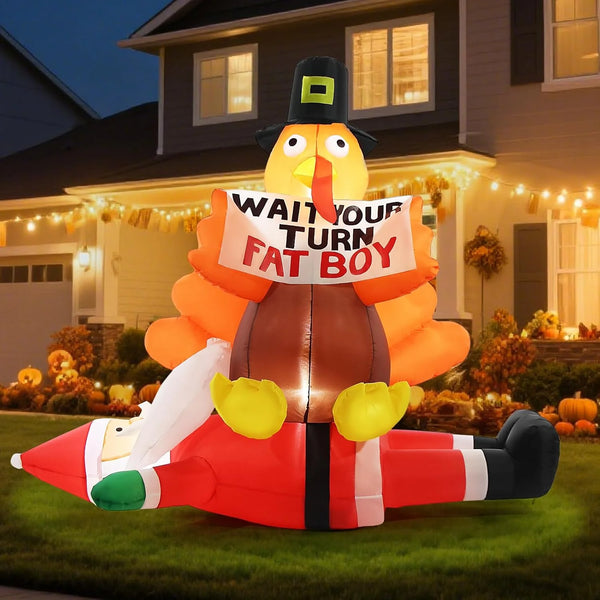 2025 5FT Thanksgiving Turkey Inflatable Outdoor Decorations, Blow Up Turkey Sitting on Santa Claus with Sign, Built-in LED Lights Holiday Décor for Outside Lawn Garden Home Indoor
