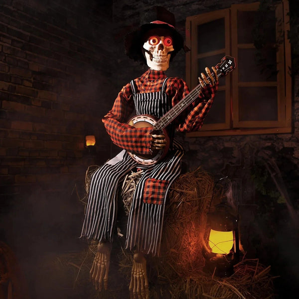2025 Halloween Animatronics Banjo Skeletons Decorations, Animated Skull with Sound Ac
