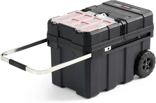 2025 Keter Masterloader Resin Rolling Tool Box with Locking System and Removable Bins ¨C Perfect Organization and Storage Chest for Power Drill, Tape Measure, and Screwdriver Set, Black