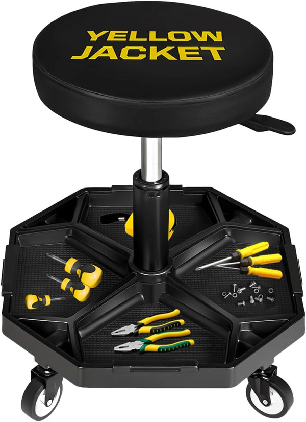 2025 Rolling Garage Seat Adjustable Pneumatic Shop Creeper Seat 300Lbs Mechanic Stool with Wheels and Removable Tool Tray Storage Workshop Chair for Auto Repair