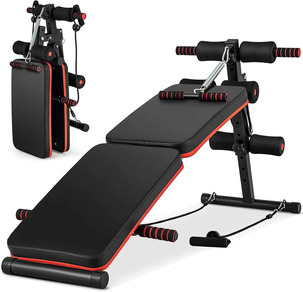 2025 Goplus 7 in 1 Sit up Bench, Foldable Workout Bench w/4 Position Adjustable Height, Multi-Layer Structure Cushion & 2 Elastic Ropes, Workout Equipment for Home Gym Fitness, 330 LBS
